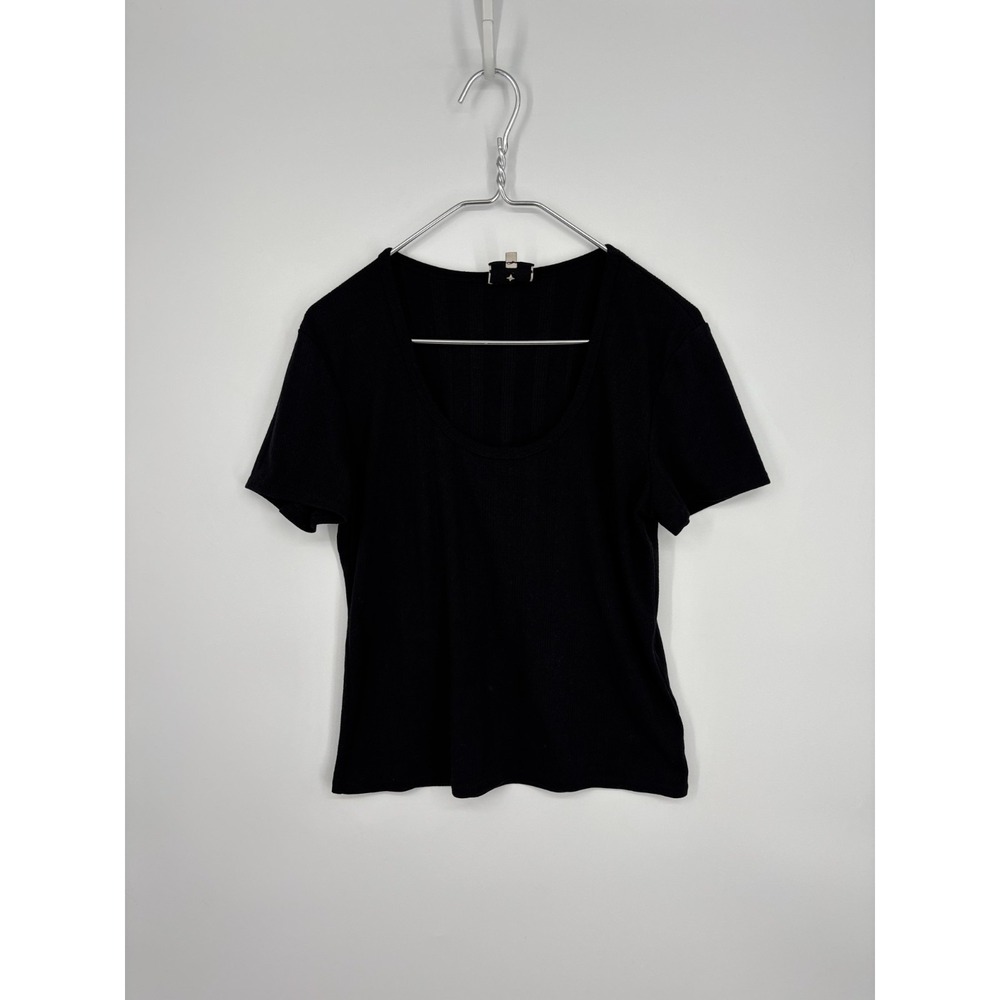Tuckernuck Blouse Womens XL Black Knit Ribbed Pullover Tee Scoopneck - Picture 1 of 7